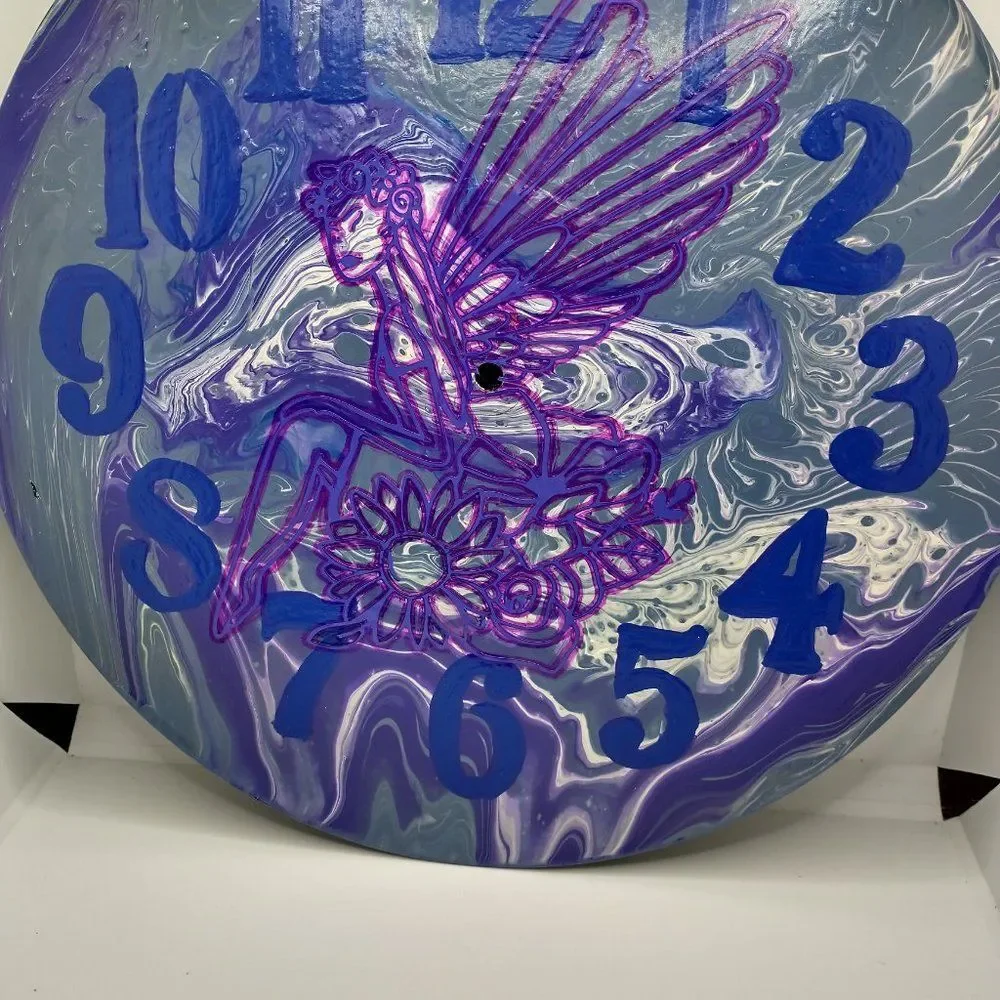 Hand Crafted Abstract Fairy Hanging Wall Clock Analog Vinyl Record Fluid Art